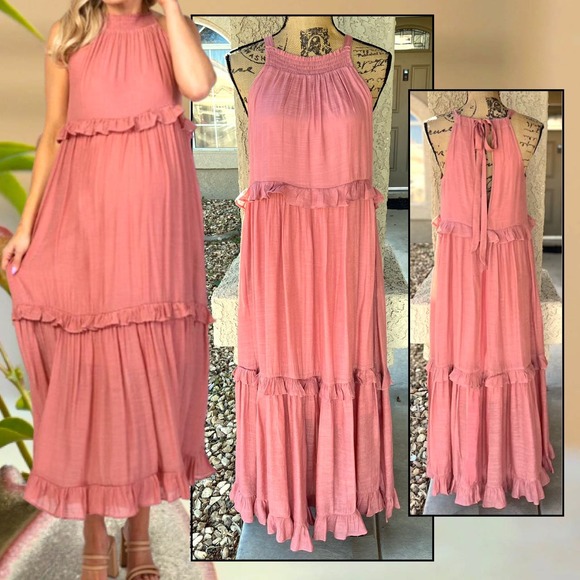 PinkBlush Mauve Halter Neck Ruffle Trim Maternity Maxi Dress Size: S - Picture 1 of 7